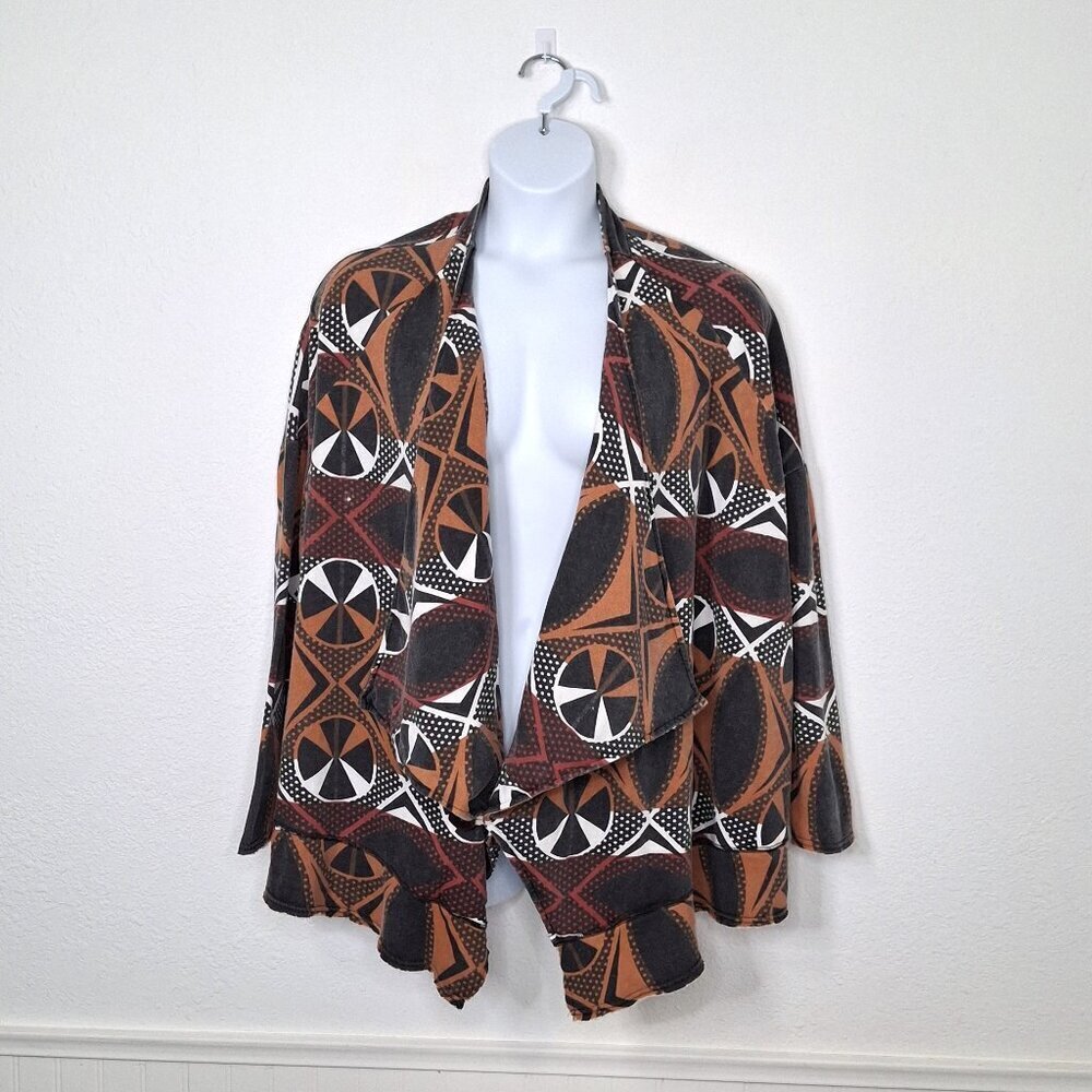 Free People Cardigan Peace Sign Graphic Sz L Oversized Artsy Boho Hippie 70s
